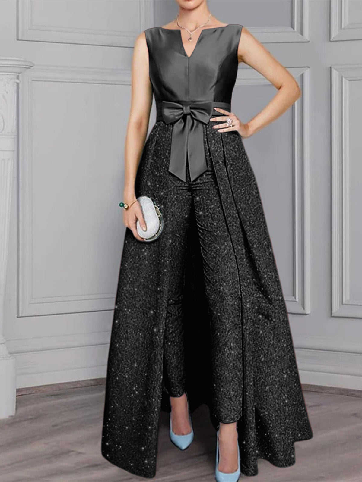 2 Piece Long Sleeve Mother of the Bride Pantsuit with Sash and Sequins