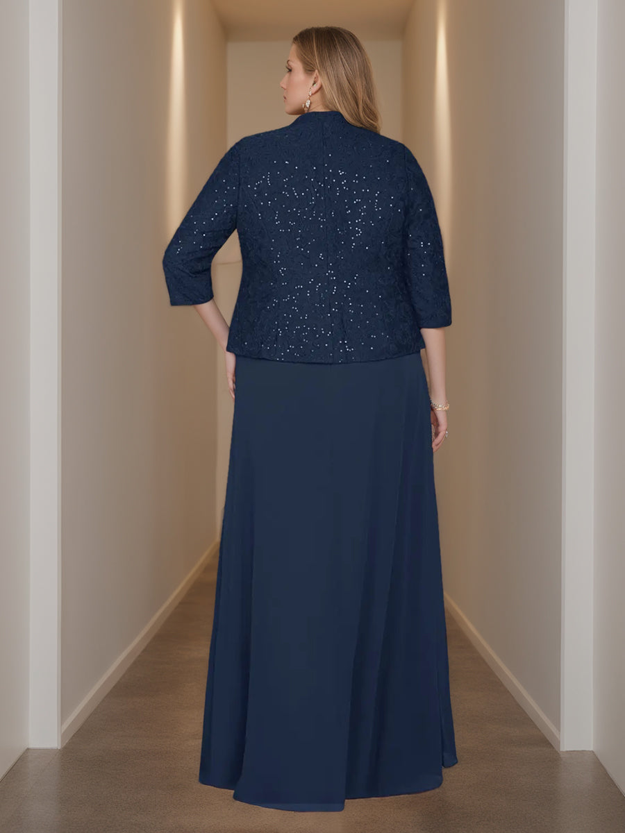2 Piece Square Neck 3/4 Sleeve Long Mother of the Bride Dress Set with Jacket Lace & Sequins