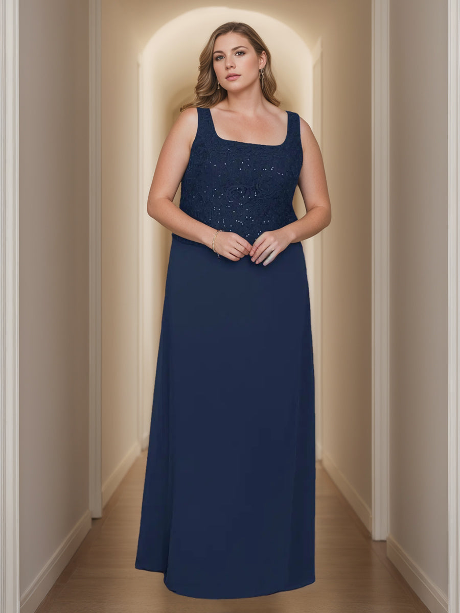 2 Piece Square Neck 3/4 Sleeve Long Mother of the Bride Dress Set with Jacket Lace & Sequins