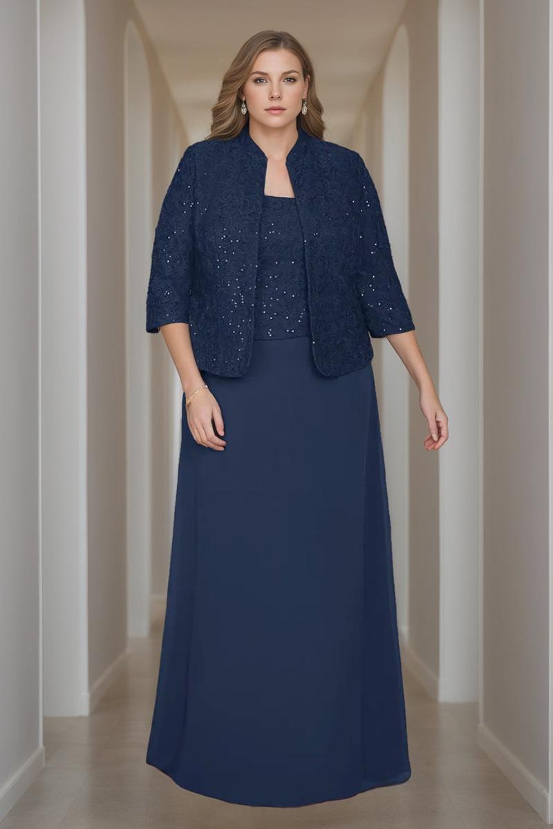 2 Piece Square Neck 3/4 Sleeve Long Mother of the Bride Dress Set with Jacket Lace & Sequins