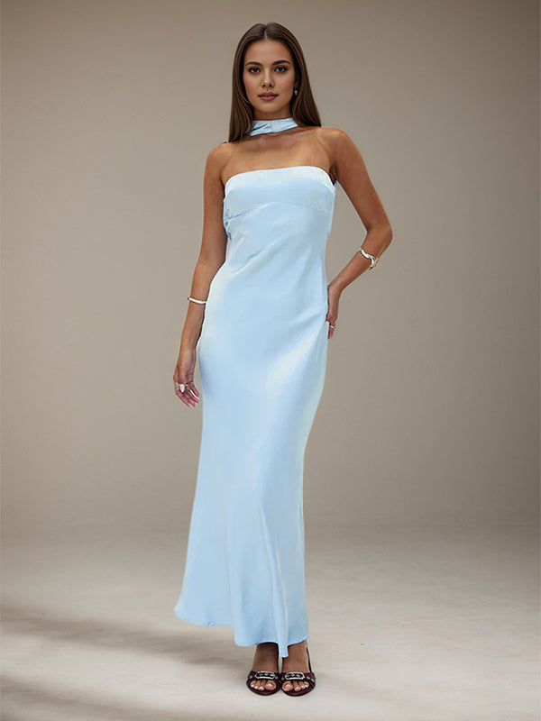 Sky Blue Satin Halter Neck Sleeveless Floor Length Formal Dress - VelvetHem