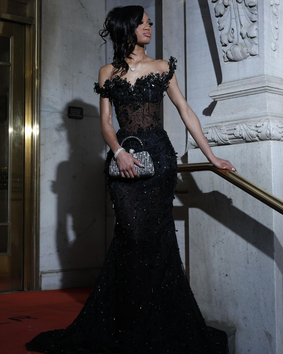Luxury Black Sequin Mermaid Prom Dress - Illusion Corset Bodice with 3D Beaded Lace & Off-the-Shoulder Detail | 2026 Gothic Glamour Evening Collection - VelvetHem