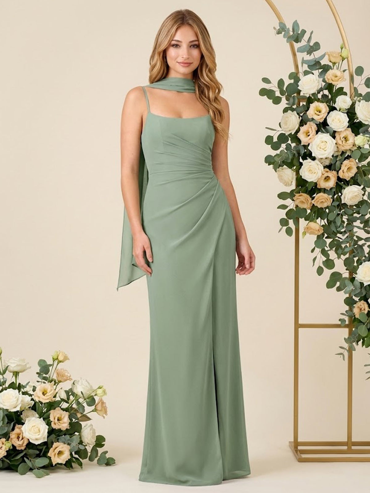 Mermaid Chiffon Spaghetti Straps Scarf Long Bridesmaid Dresses with Slit - VelvetHem