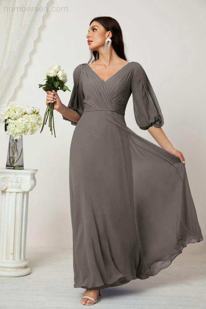 ZapDress Formal Prom Gown Women V-Neck Chiffon Bridesmaid Dresses Long Bishop Sleeve Party Dress 2807 (ZD17027)
