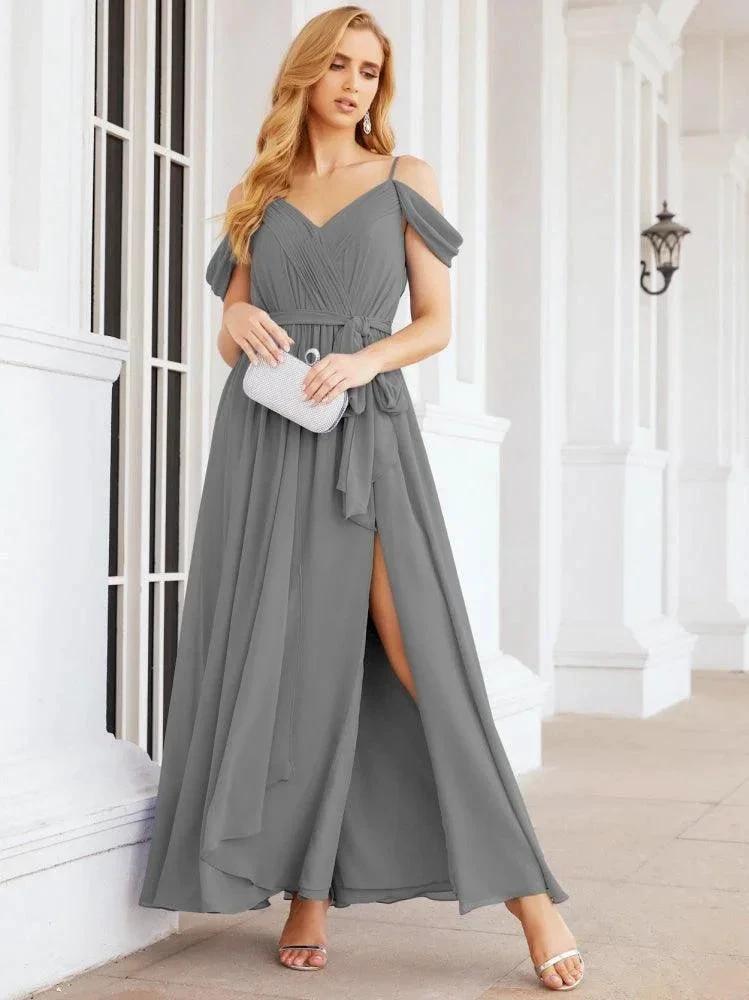 Numbersea Off The Shoulder Chiffon Bridesmaid Dress Long Formal Graduation Gown with Cowl Back 28069 by numbersea