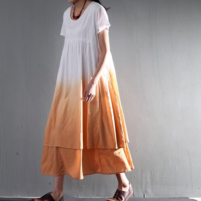 Linen summer dress gradient orange layered linen sundress long maxi dress