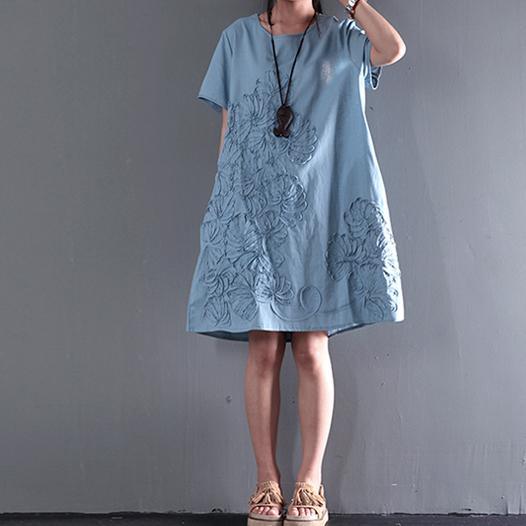 blue short sleeve sundress Appliques summer blouse holiday shift dresses