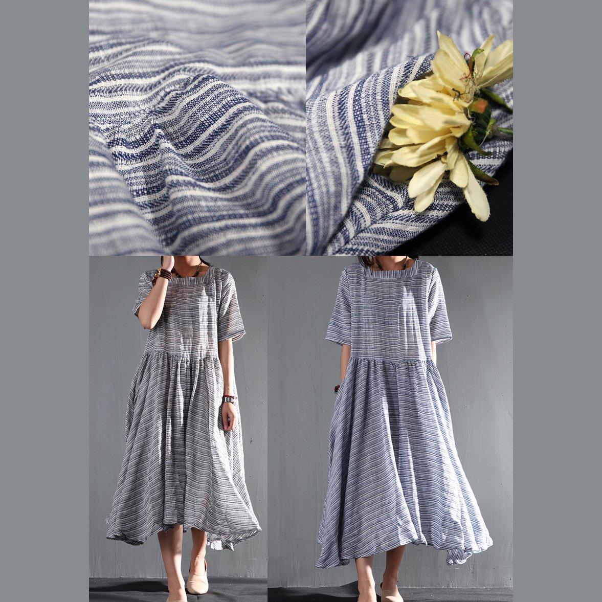blue striped linen summer maxi dresses layered plus size sundress casual style
