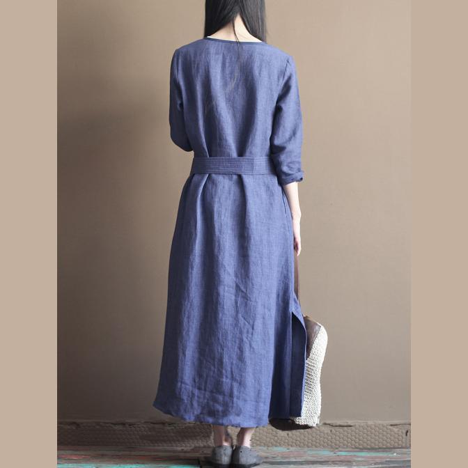 fall Blue vintage long line dresses plus size linen clothing