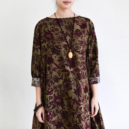 Fall Brown Baggy Long Sleeve Linen Dresses Long Cotton Maxi Dress