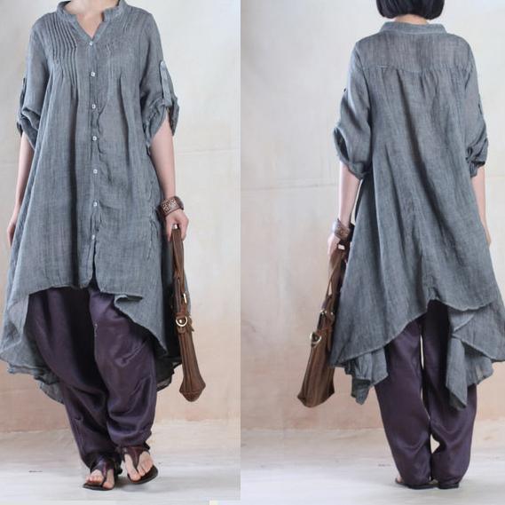 fall gray linen dresses half sleeve asymmetiral originally desgined plus size spring dress