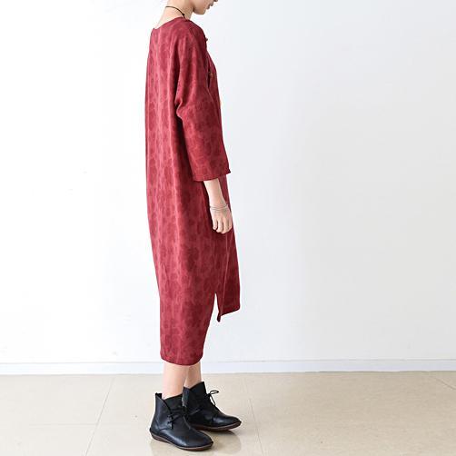 fall red linen dress floral oversized cotton dresses