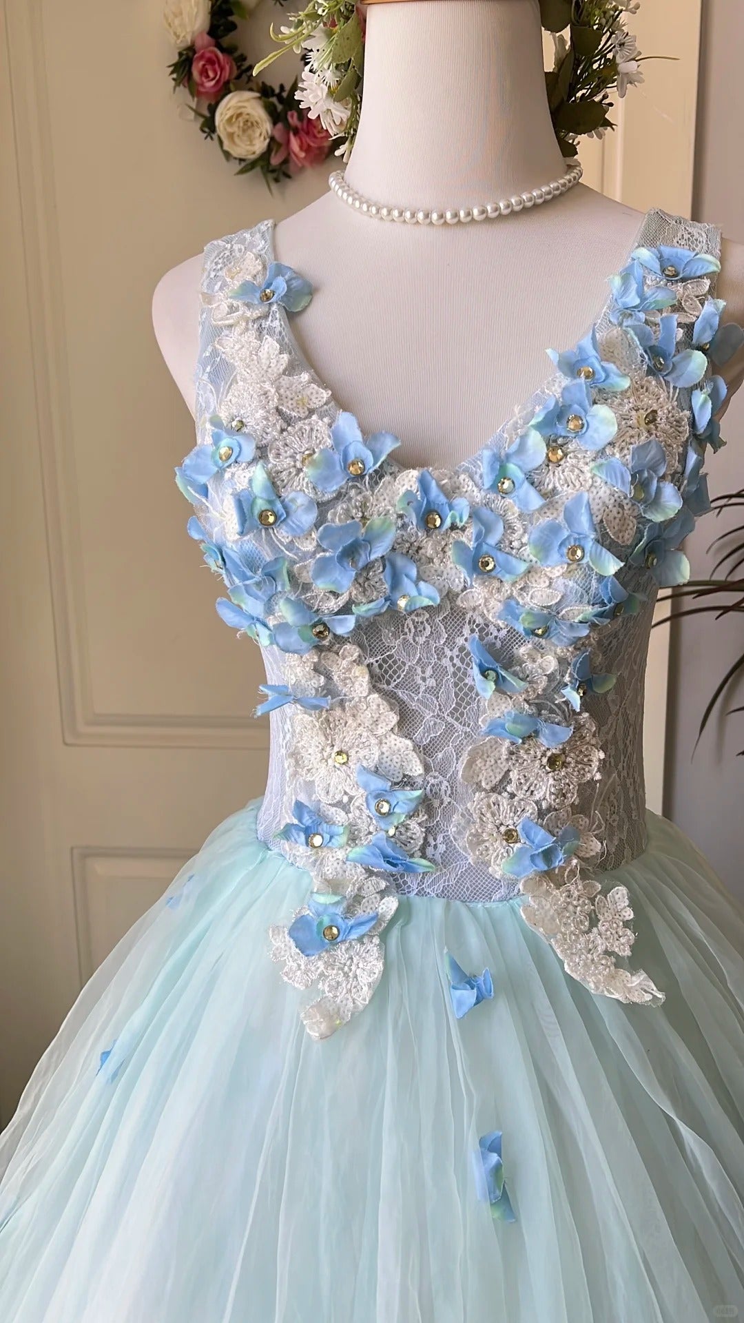 Dreamy Flower Fairy Light Blue 3D Floral V-Neck Tulle Ball Gown Evening Dress - View 2 | VelvetHem