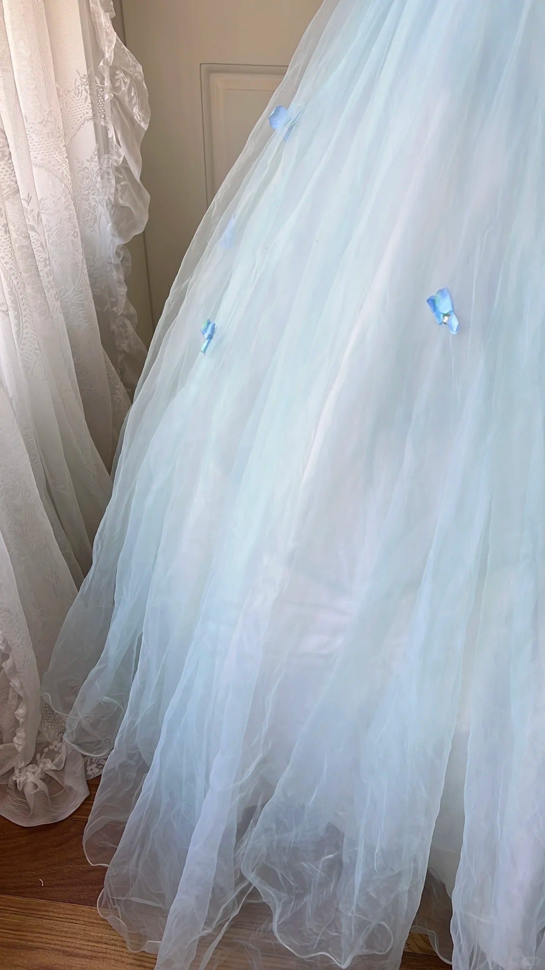 Dreamy Flower Fairy Light Blue 3D Floral V-Neck Tulle Ball Gown Evening Dress - View 3 | VelvetHem