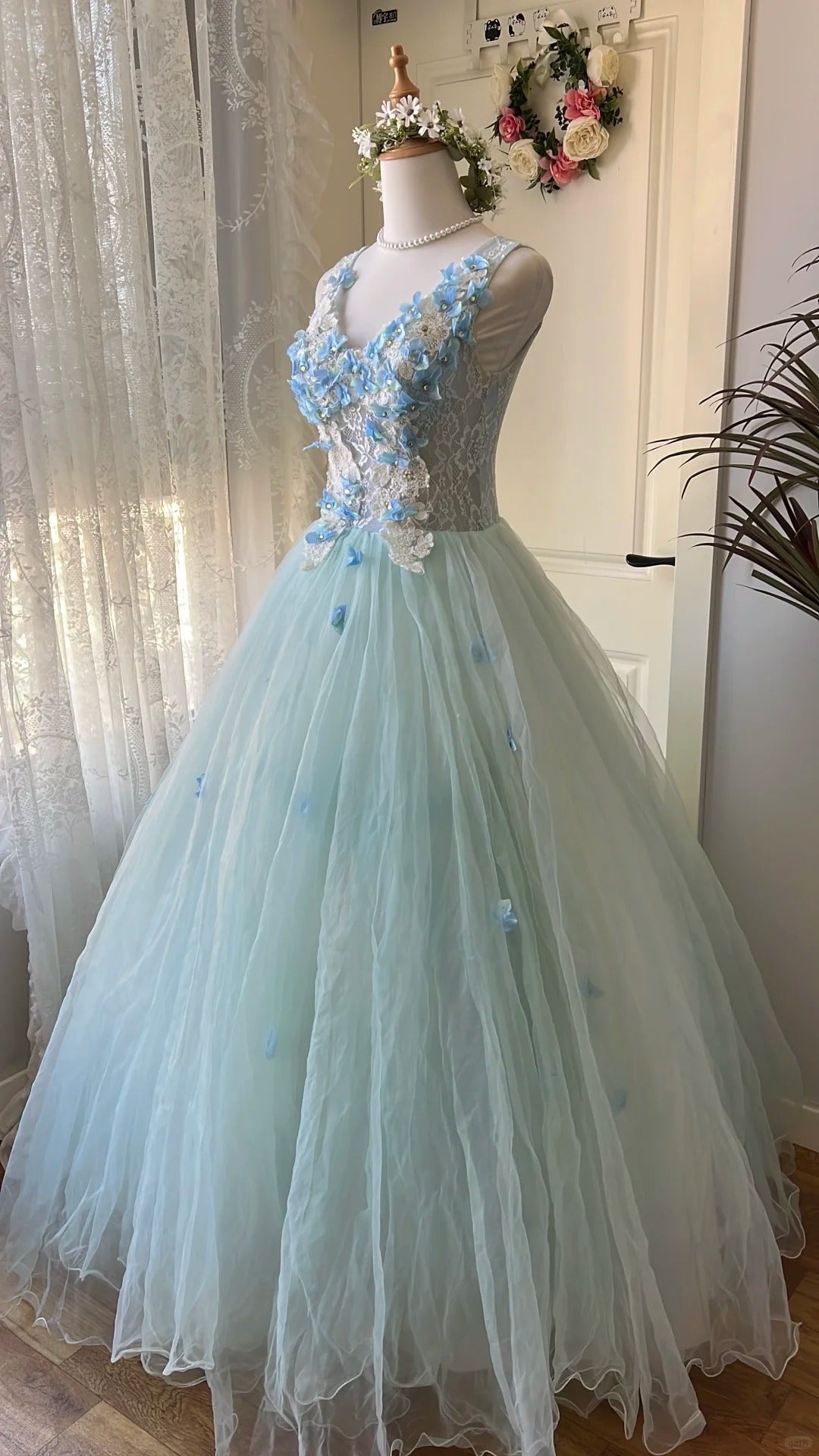 Dreamy Flower Fairy Light Blue 3D Floral V-Neck Tulle Ball Gown Evening Dress - View 4 | VelvetHem