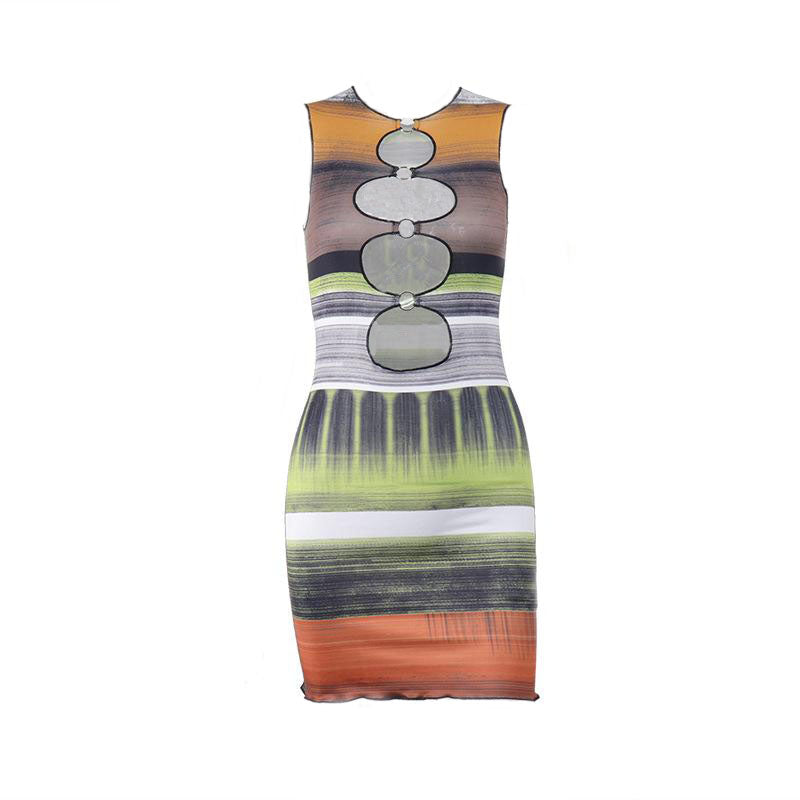 Hollow out contrast print o ring sleeveless ruffle mini dress
