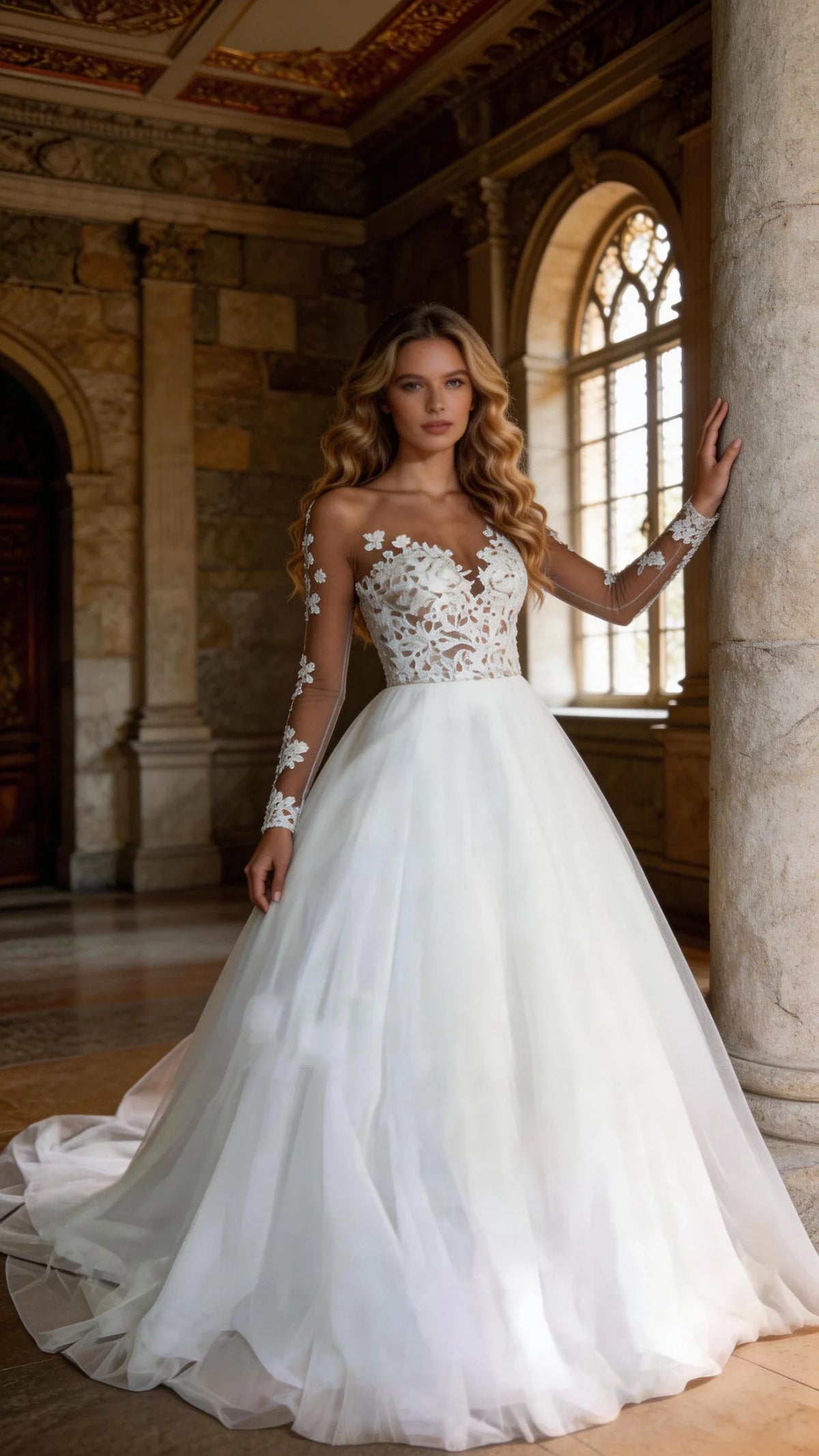 2025 Illusion Scoop Long Sleeve Wedding Dresses Lace Appliques Sheer Back White/ Ivory Tulle Wedding Dress Lace Wedding Gowns (ZD13288)