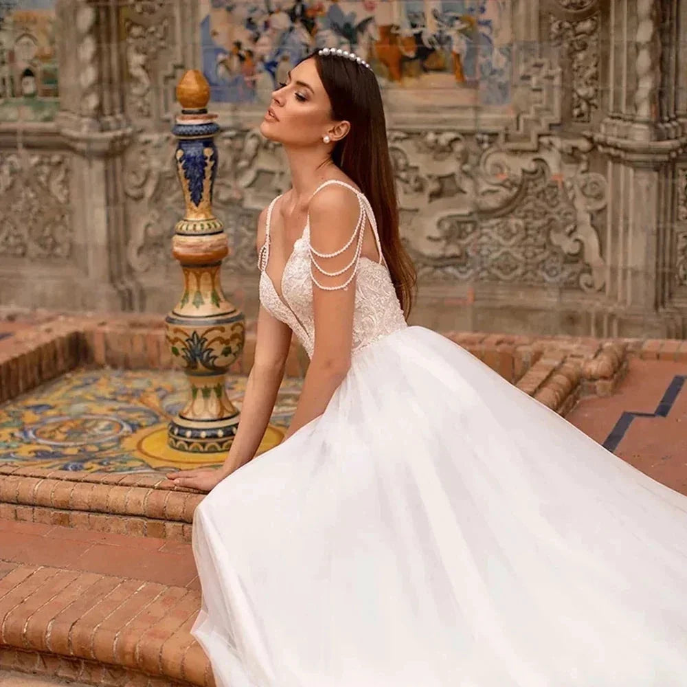 Modern Pearls Chain Wedding Dresses Tulle Appliqued Lace Engagement Bridal Party Bride Gowns Robes De Mariée Custom Made (ZD14032)
