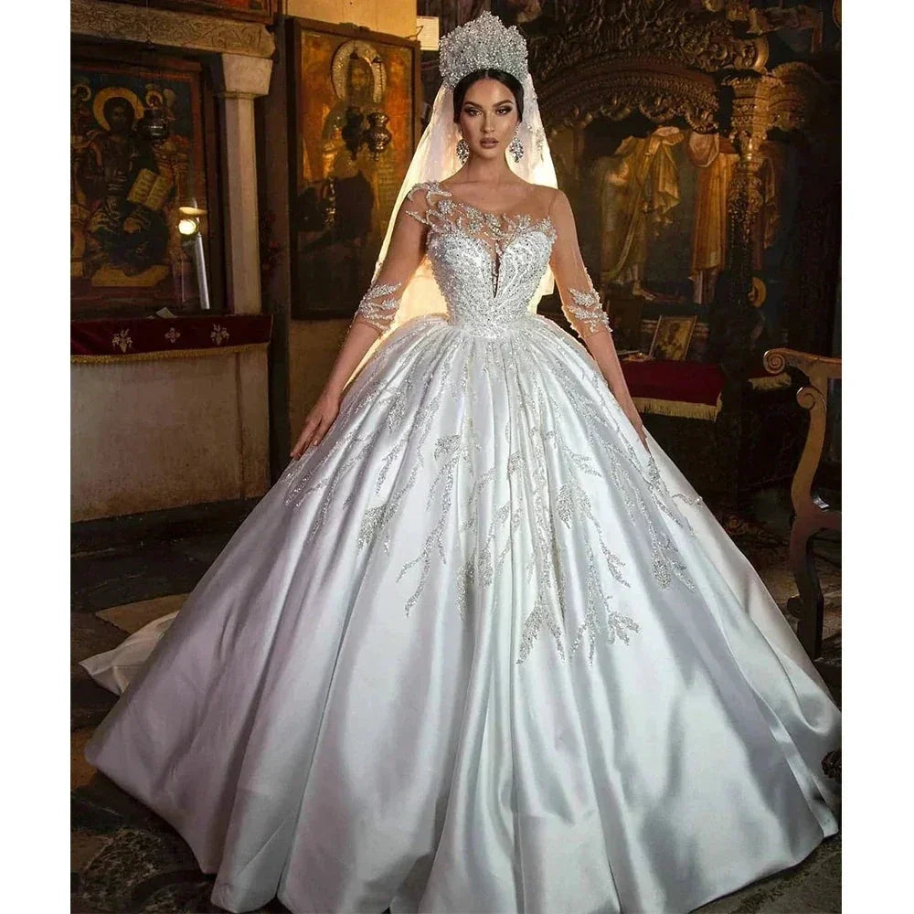Retro Appliques Satin Beading Wedding Dresses Sweetheart Illusion Sleeves Lace Up Bridal Gown Princess Custom Made Vestido (ZD14175)