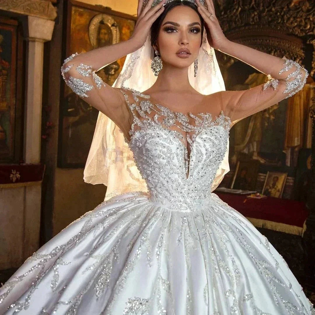 Retro Appliques Satin Beading Wedding Dresses Sweetheart Illusion Sleeves Lace Up Bridal Gown Princess Custom Made Vestido (ZD14175)