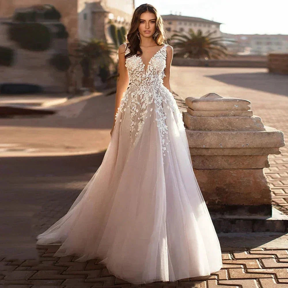 Wedding Dresses Beach Wedding Women Sexy V Large Decal 3D Flower Tulle Sleeveless Bridal Gowns Vestido De Novia Robe Mari�e (ZD14132) - VelvetHem