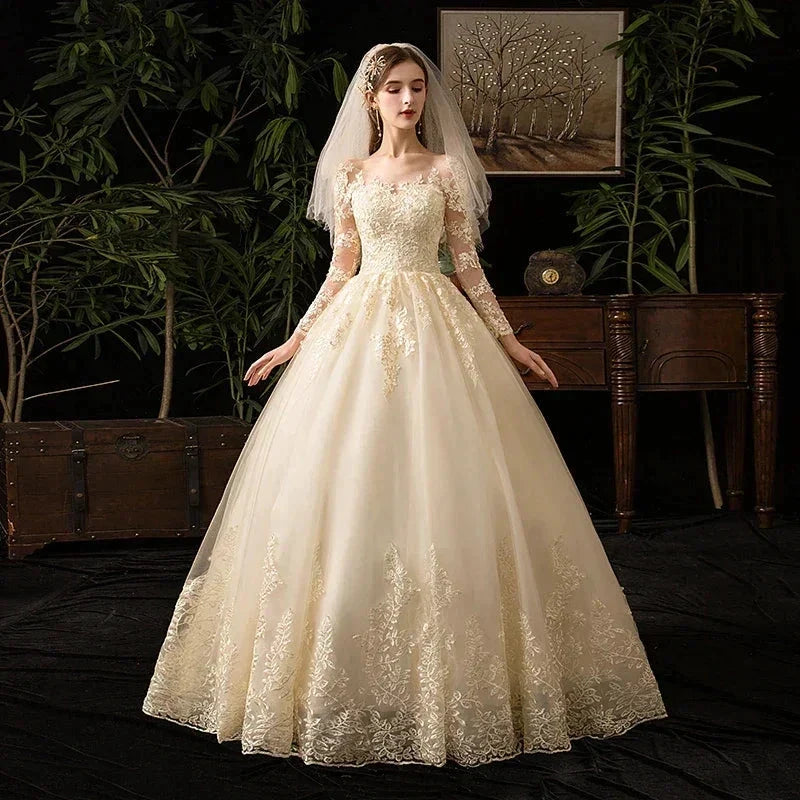 Wedding Dresses Muslim Champagne Full Sleeve Lace Bridal New Luxury Ball Gown Wedding Dress Vestido De Noiva (ZD13568) - VelvetHem