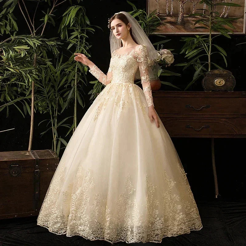 Wedding Dresses Muslim Champagne Full Sleeve Lace Bridal New Luxury Ball Gown Wedding Dress Vestido De Noiva (ZD13568)