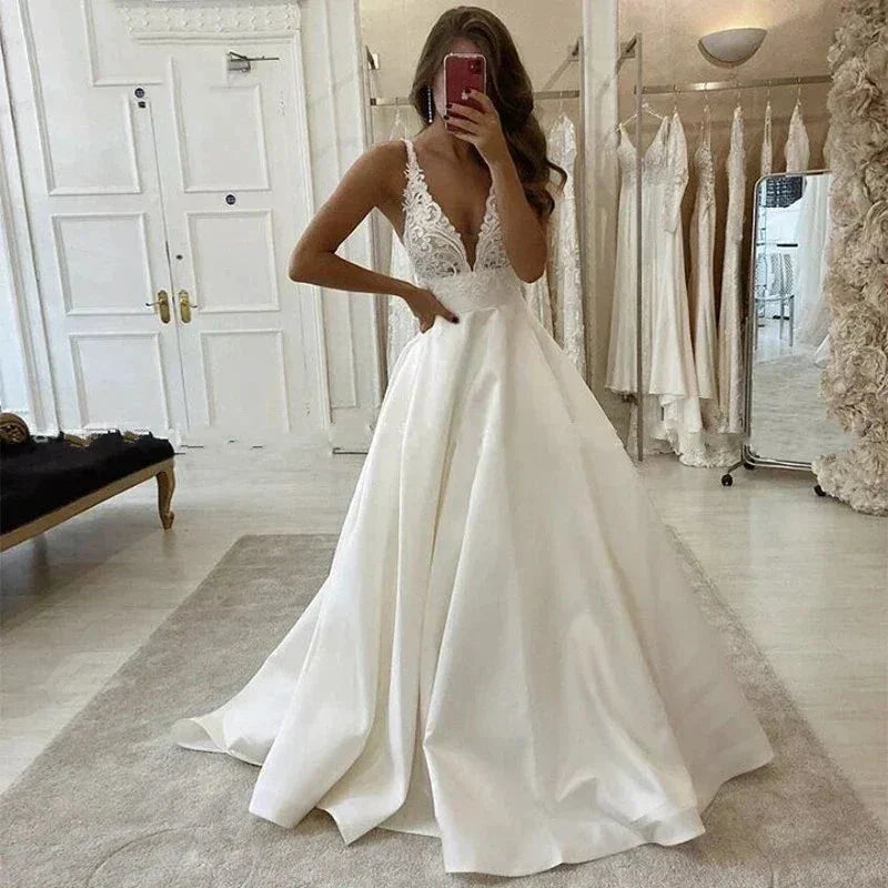 White Satin A Line Bridal Gowns Sexy Deep V Neck Wedding Dress Boho Vestido De Noiva Simple Appliques Back Less With Pocket (ZD14093)