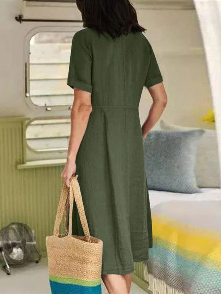 V Neck Linen Button Down Midi Dress with Pocket In Army Green