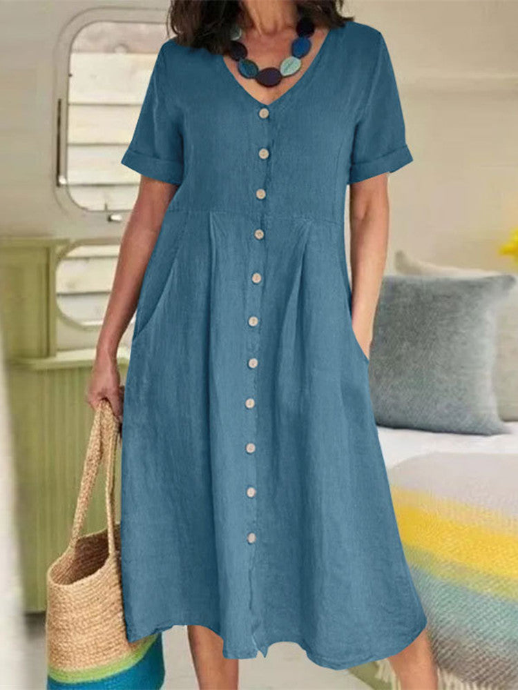 V Neck Linen Button Down Midi Dress with Pocket In Sky Blue