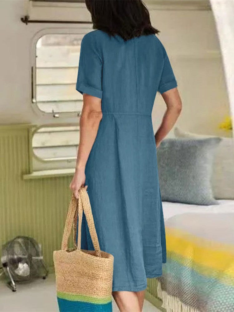 V Neck Linen Button Down Midi Dress with Pocket In Sky Blue