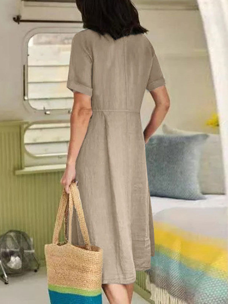 V Neck Linen Button Down Midi Dress with Pocket In Khaki