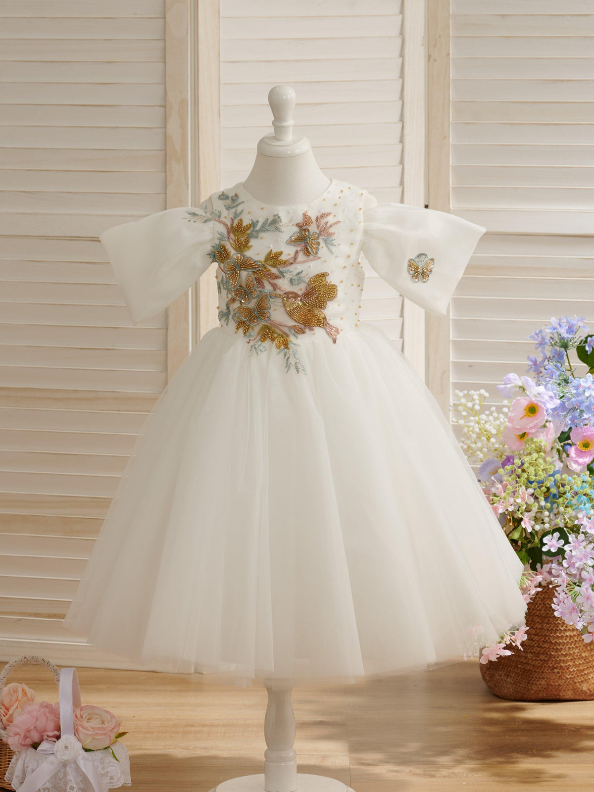 Tulle Organza Tea-length Flower Girl Dress - VelvetHem