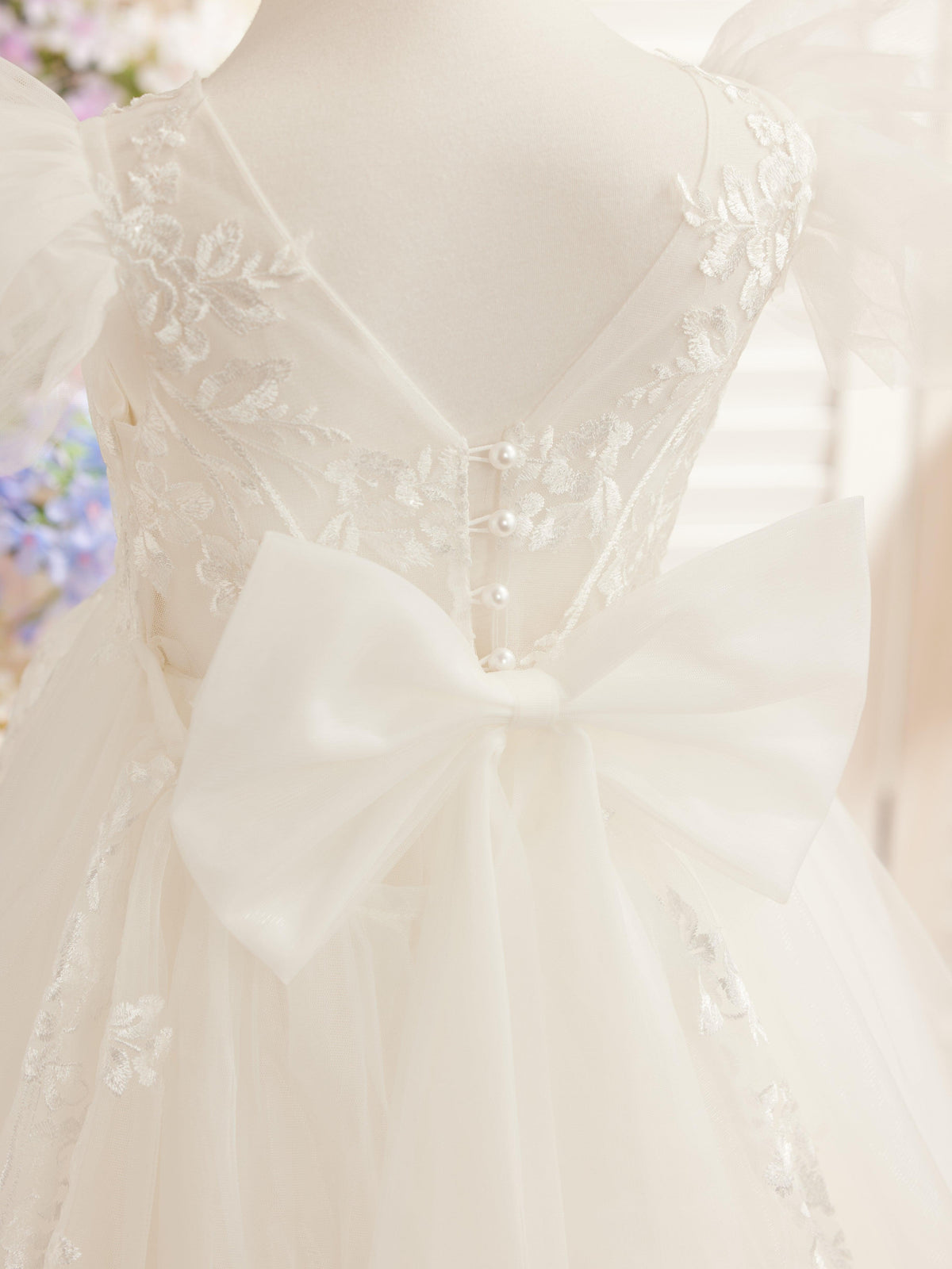 Detachable Lace Tulle Sweep Train Flower Girl Dress