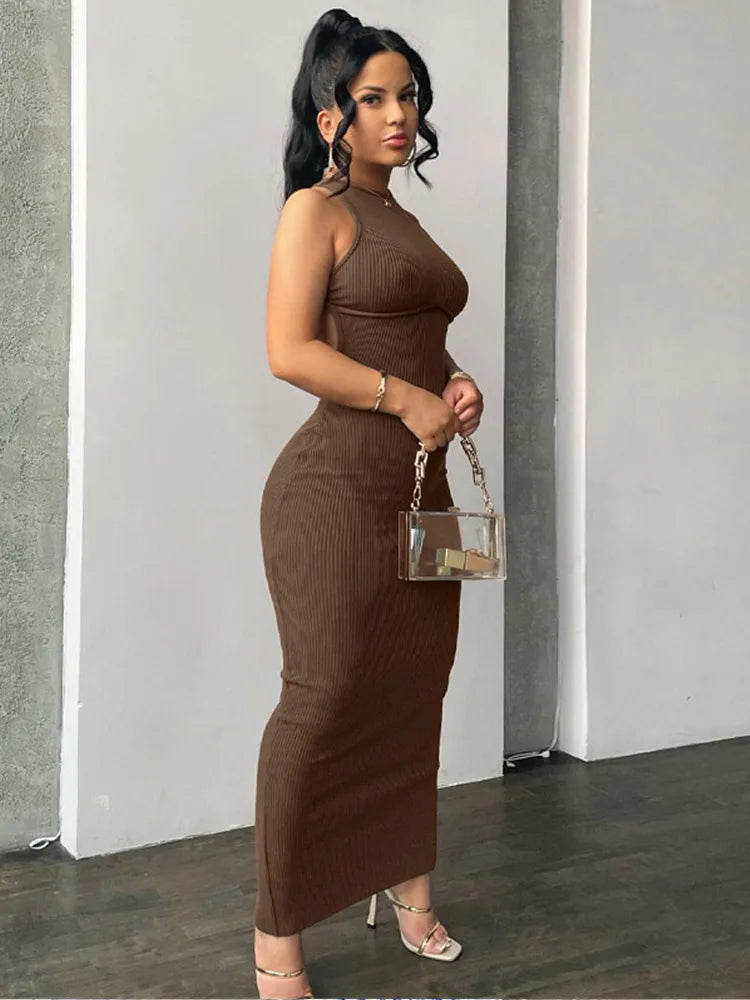 Backless Long Sleeve Brown Midi Dress - VelvetHem