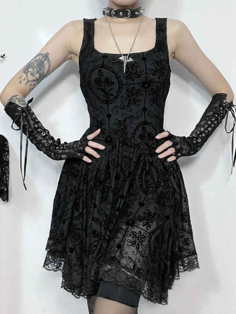 2024 Summer New Harajuku Retro Wrapped Hip Mini Dress Y2K Vintage Gothic Punk Dark Style Tie Up A-Line Dress - VelvetHem