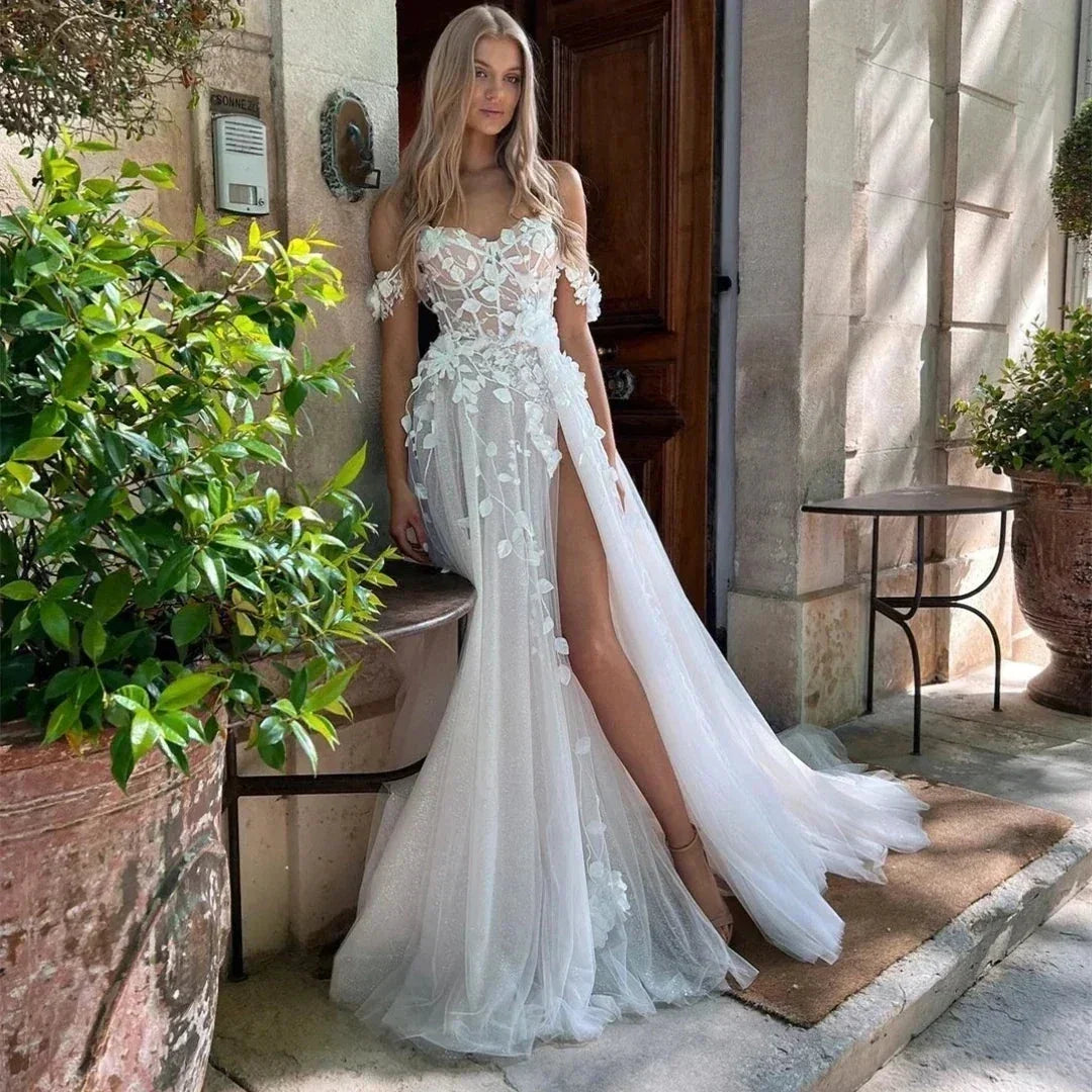 Vintage Lace Applique Wedding Dresses A Line Sweetheart Off The Shoulder Ball Gowns Sexy Side Slit Formal Beach Party Gala (ZD14257) - VelvetHem