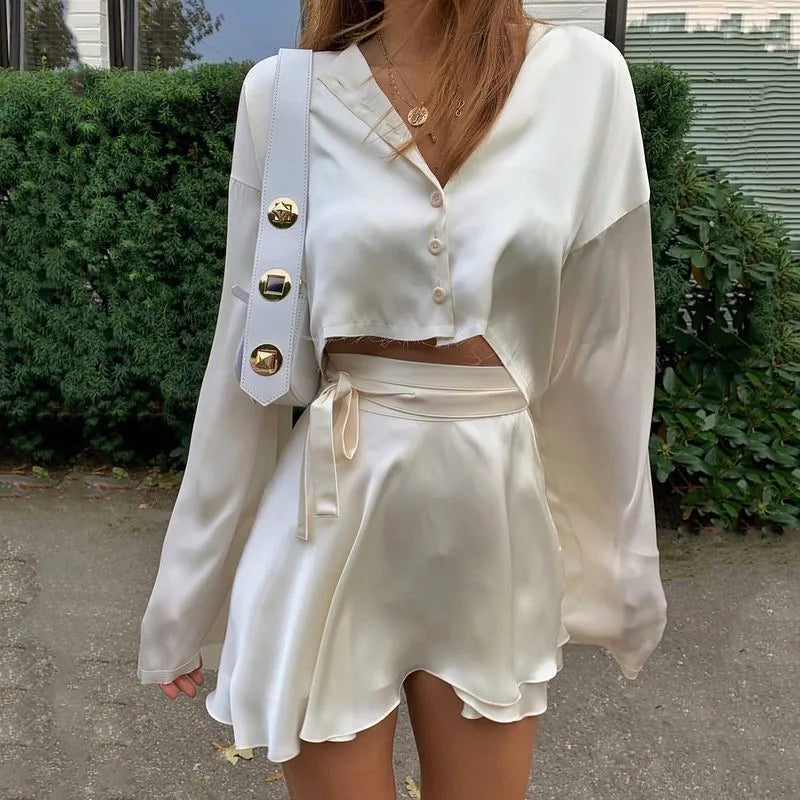 DressBetty - White Elegant Satin Crop Lantern Long Sleeve Mini Tennis Sports Skirt - VelvetHem