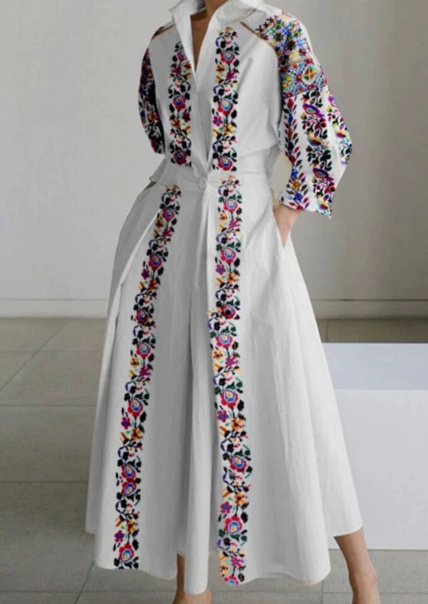 Colorful Printed Peter Pan Collar Pockets Cotton Dress Long Sleeve - Omychic