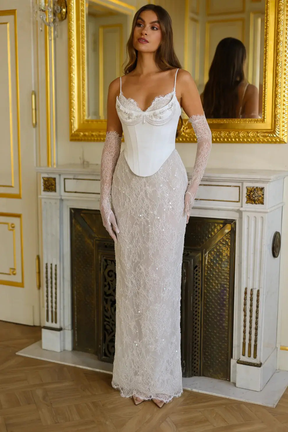 Luxury Off White Lace Corset Sweetheart Mermaid Wedding Dress with Gloves ZP009