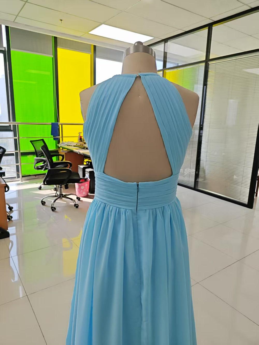 Chiffon Floor Length Prom Dresses A-Line Halter Open Back Pleats