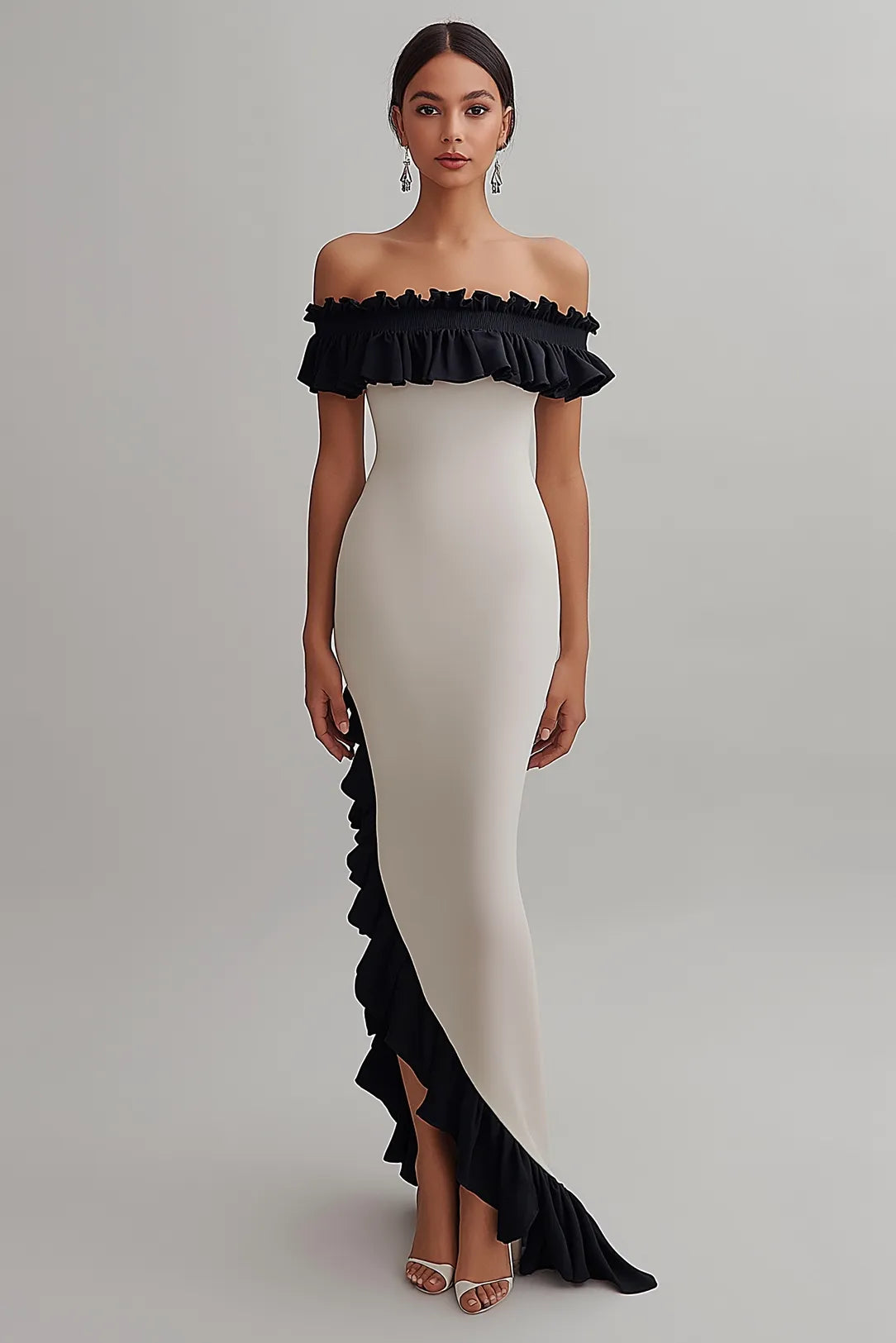Formal Evening Gown Off-Shoulder Ruffle Asymmetrical Floor-Length Dress - VelvetHem