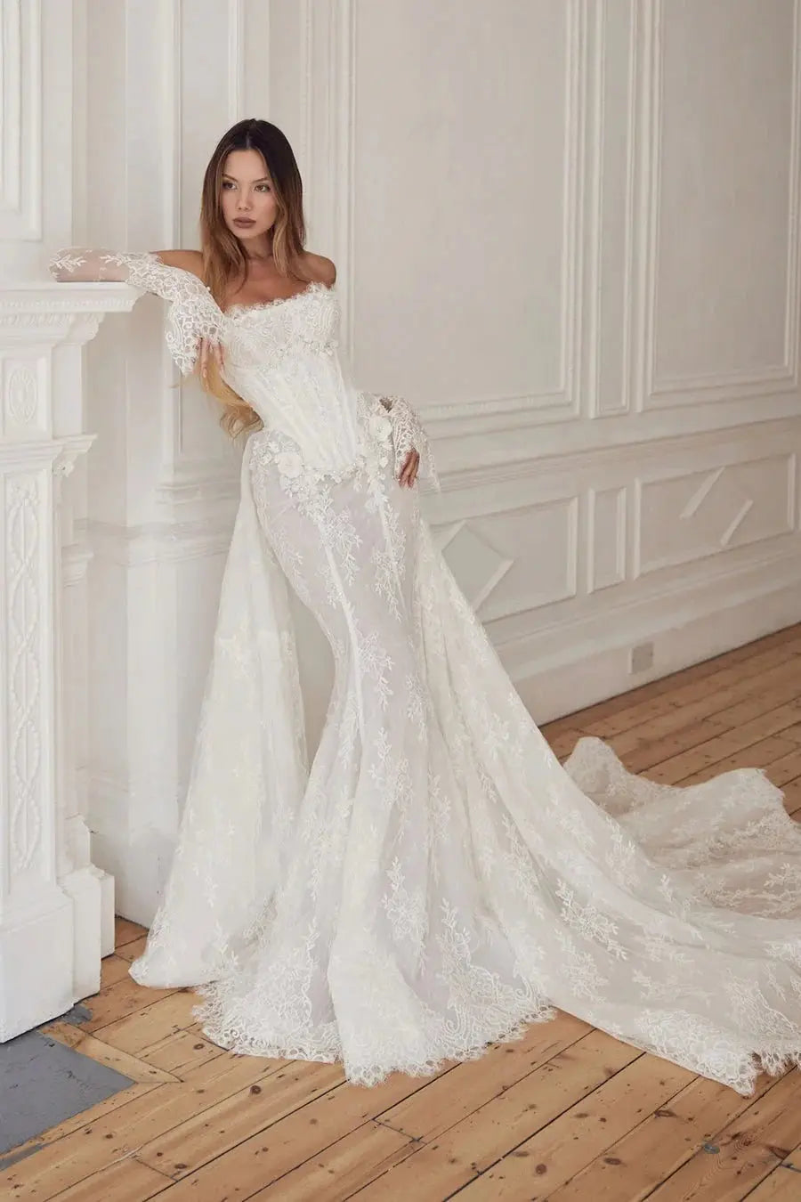White Lace Applique Corset Bridal Gown with Cathedral Train ZP204 - VelvetHem