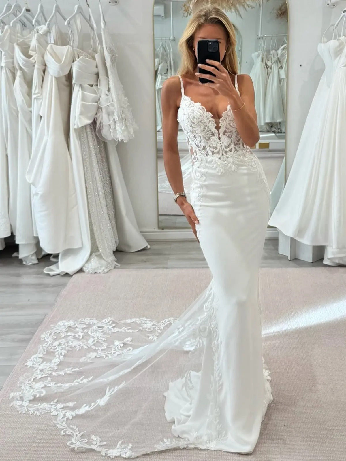 Lace Applique Plunging V-Neck Low Back Elegant Fitted Satin Wedding Dress - VelvetHem