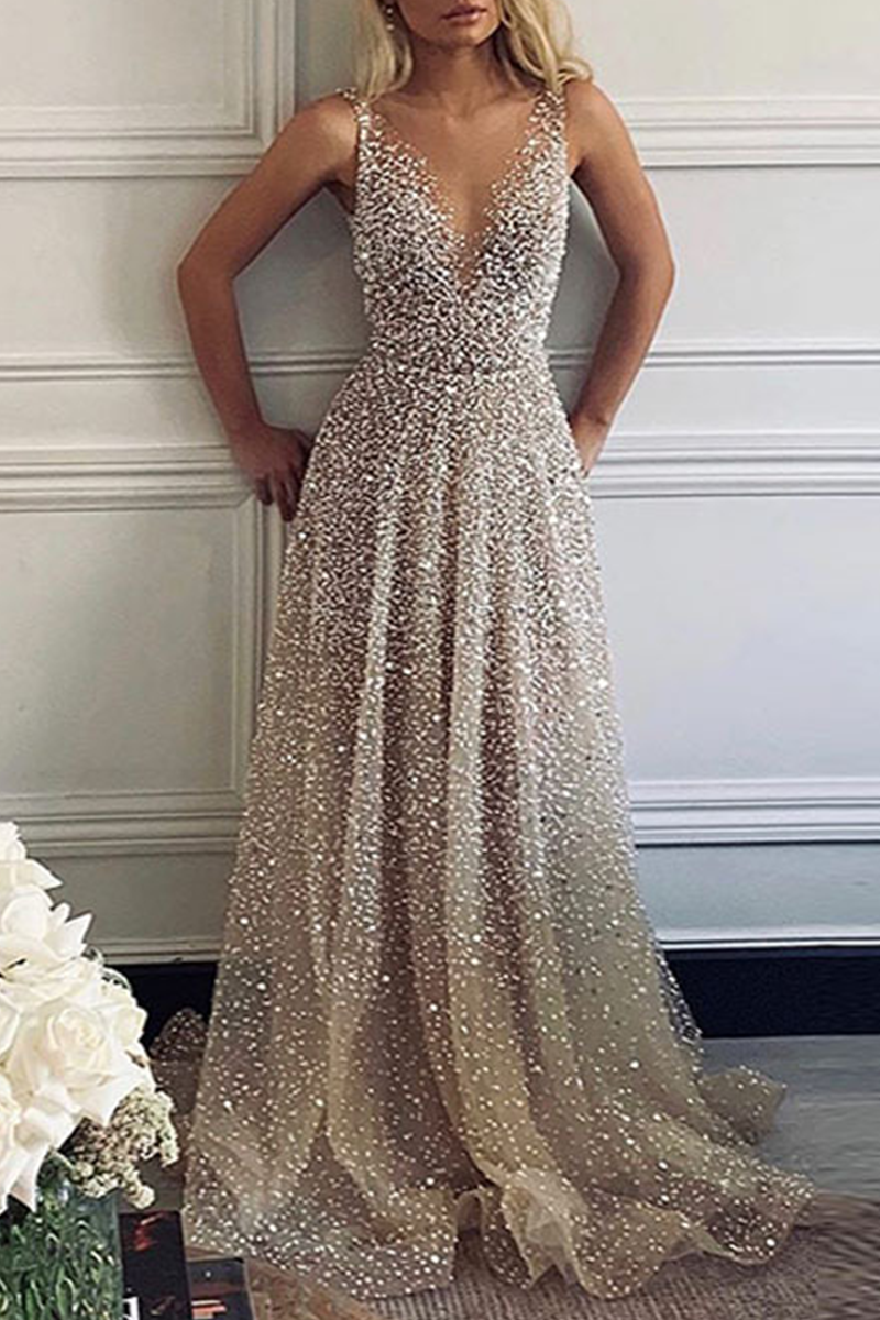 Sexy Gradient Sequined V Neck Evening Dresses - VelvetHem