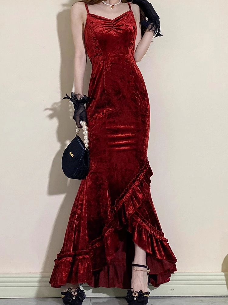 Vintage Mermaid Irregular Ruffled Spaghetti Straps Women's Burgundy Birthday Outfits Party Dresses