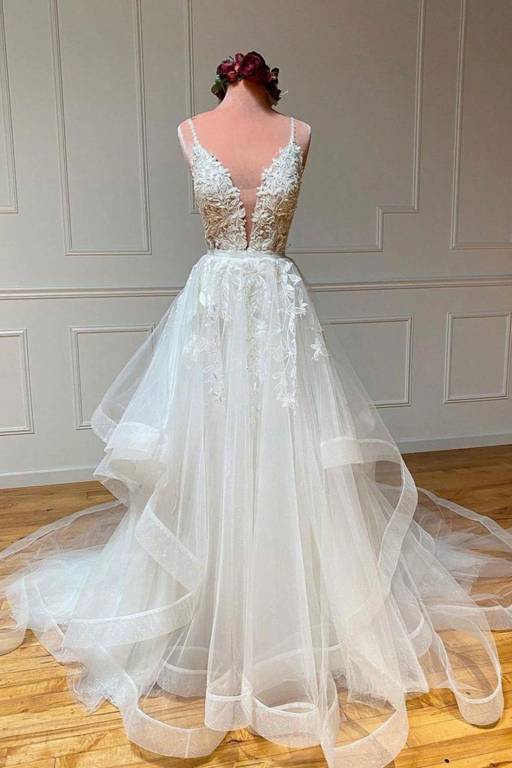 Charming A Line Spaghetti Straps White Bridal Dress with Appliques - View 2 | VelvetHem
