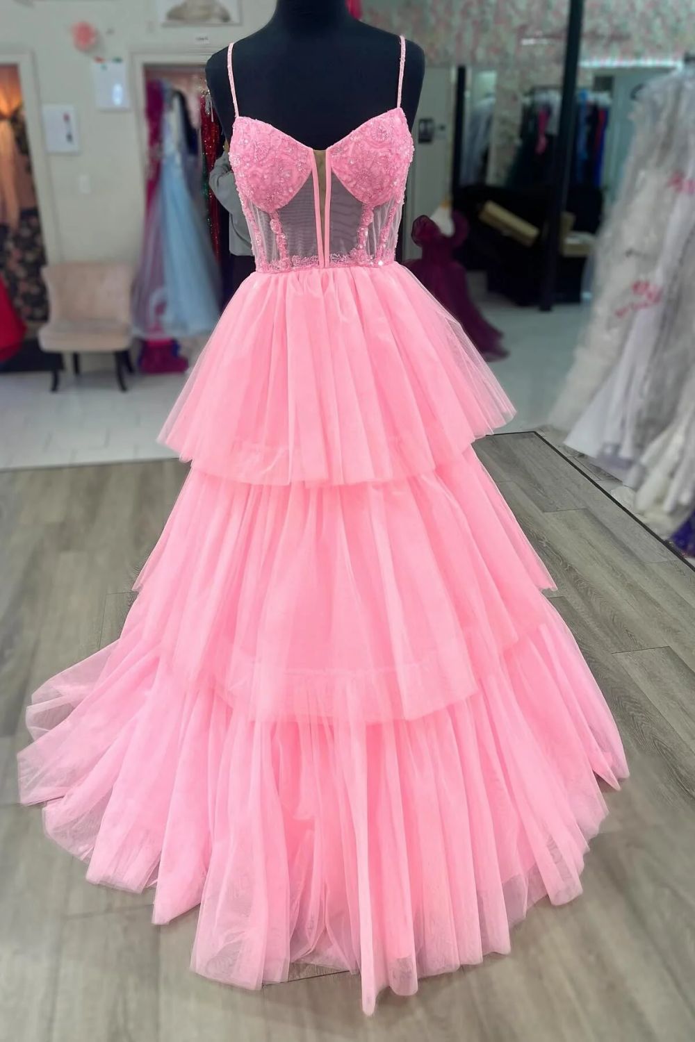 Charming A Line Spaghetti Straps Pink Corset Prom Dress with Appliques