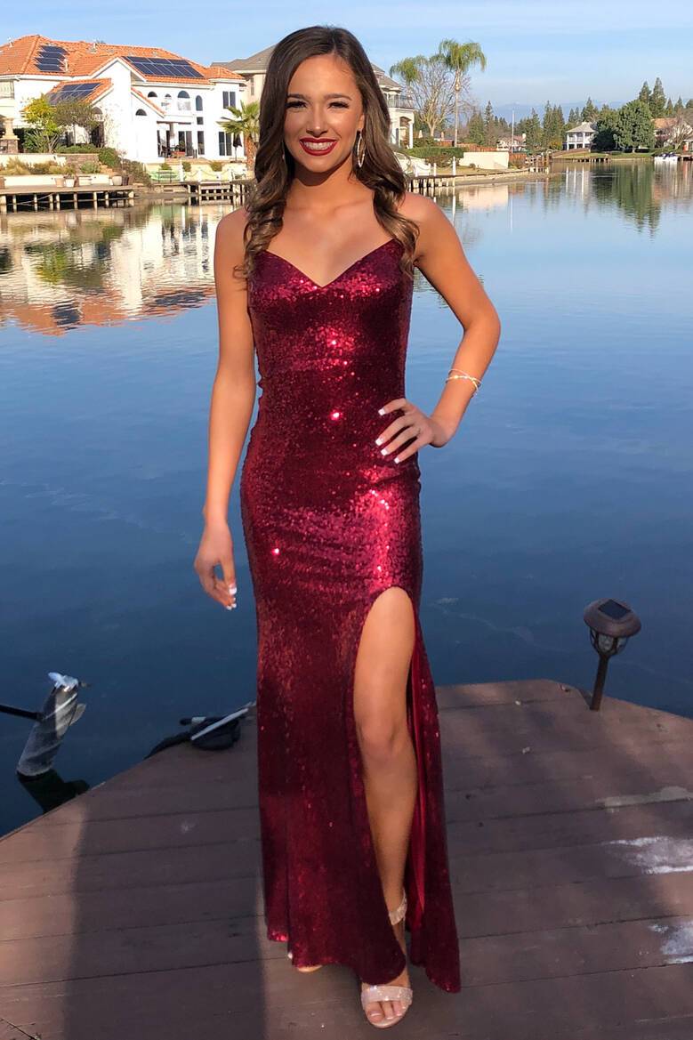 Glittery V-Neck Mermaid Long Burgundy Prom Dress - VelvetHem