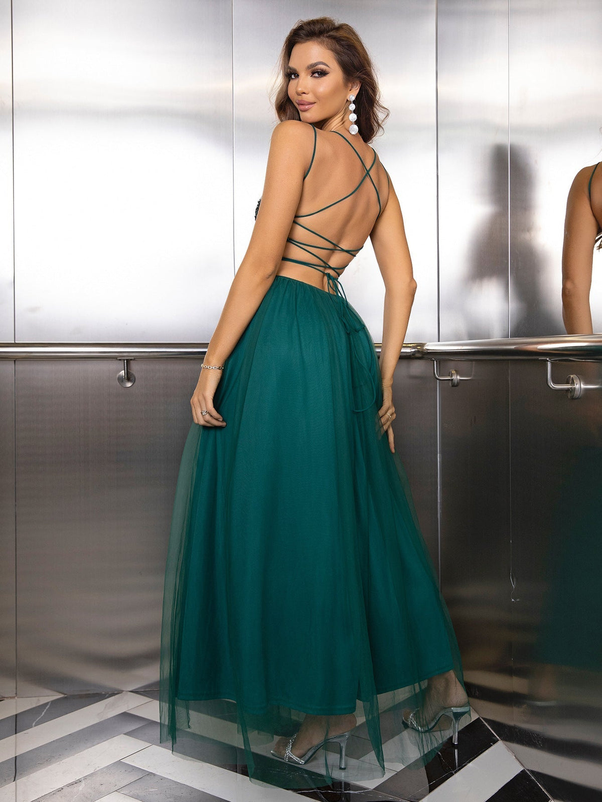 Summer Sexy Sequin Gauze Stitching Evening Dress Contrast Color Sequined Mesh Camouflage Dress